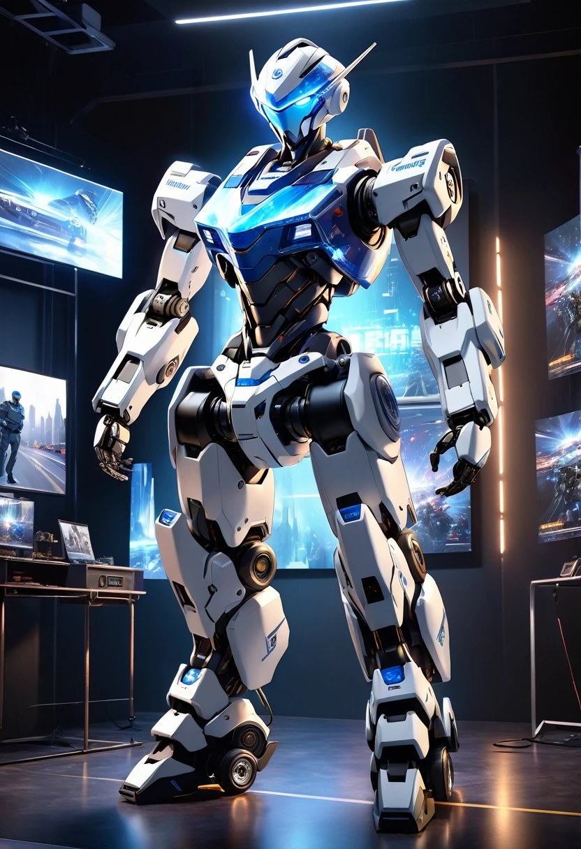 3dCG Concept art,Depicting a futuristic police-type humanoid robot,The robot is humanoid and has the same height as a human.The whole body is mechanical and it is like a mannequin that is an independent robot that cannot be operated by humans.The paint is mainly white with the police colors of the city police mixed in.A completely inorganic and emotionless machine.He can recreate optical camouflage on his body using holographic effects.The background shows police cars flashing numerous patrol lights at a crime scene at night,The robot is tethered to numerous cables and waits for the time to be deployed.The beautiful depiction and luster of the robot's entire body mechanism, the beauty and powerful effect of the holographic effect of the body,The sense of urgency and tension immediately after the incident, Super Realistic,Photo-like resolution,(High quality, high quality, 4k, 8k:1.2), ultra detail.Cinema lighting, dramatic lighting,Ultra-fine painting, physically based rendering, professional photography,holographic