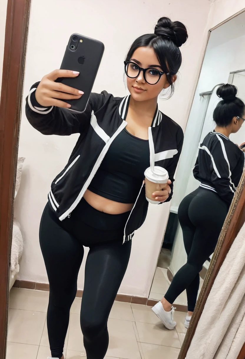 peruvian girl, a little chubby, culona, wide legs, waist a little big, with leggings, a black and white jacket, short black hair with bun and oval glasses, taking a selfie of their entire body in the mirror, small stature