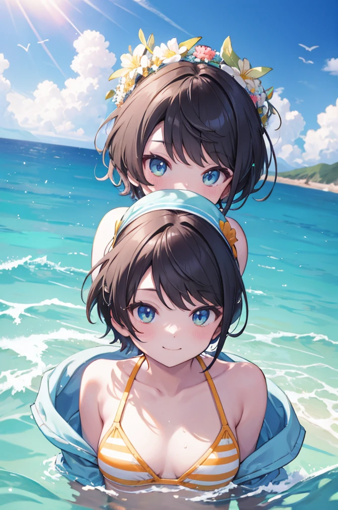 Swimwear、Concept Art、masterpiece、smile、Upper Body、high resolution、Playing in the sea