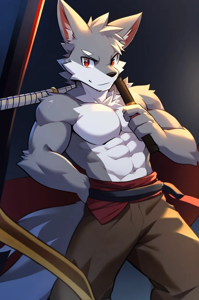 A shirtless gray male furry with a katana on his back 