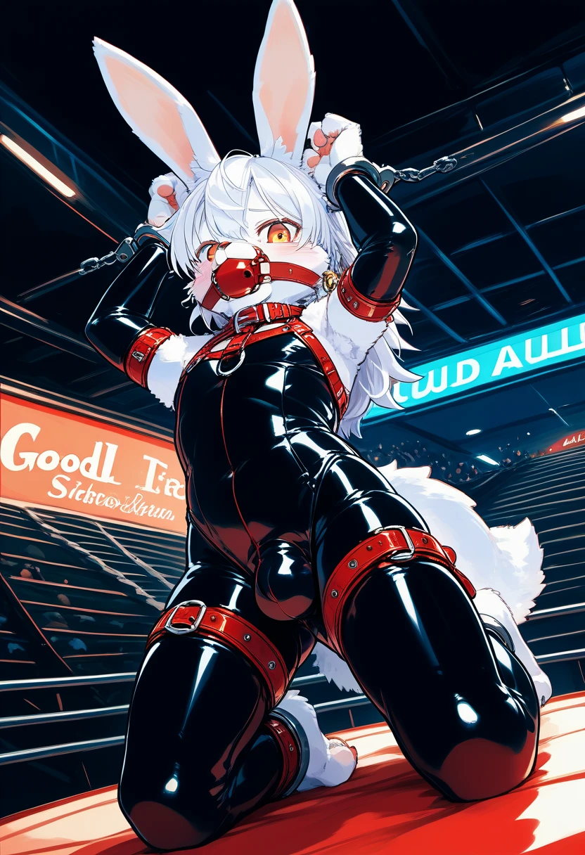 Highest quality, Highest quality, High quality illustrations, masterpiece, Ultra-high resolution, Detailed Background, club, Auction Venue, Absurd, Perfect Anatomy, Performance, Good lighting, Shadows in the movie(kemono, Furry Personification), Rubber Suit, latex, {Bunny Suit}, ribbon, Earrings, male, slave, Handcuffs, Shackles, Red harness, gag, Being restrained, 後ろ手にBeing restrained, Bondage, null bulge, On display, audience