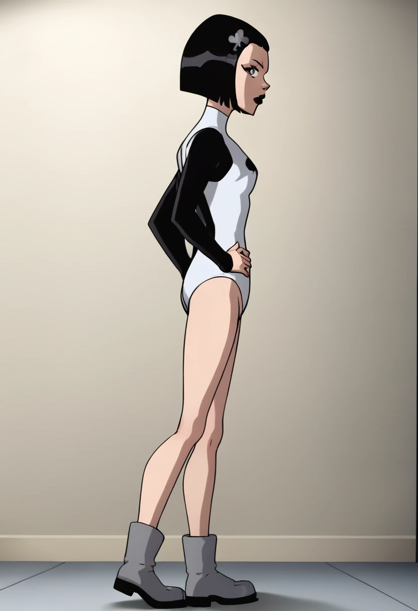 ace, 1girl, black hair, solo,from side,  white leotard, short hair, hairclip, black lipstick, long sleeves, bob cut, grey boots, cameltoe, standing, hands on hips, looking at viewer