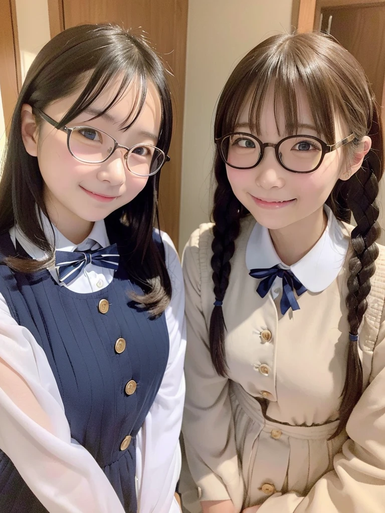 Highest quality、masterpiece、、Very detailed、Realistic、(Two Girls)、(Looking at me with a smile:1.5)、whole body、Small face、(Slender:1.2)、(Big Breasts)、Glasses、Braid、Erect nipples、Hamburger shop clerk、(Gray polyester shirt:1.1)、(Elegant black skirt:1.1)、Black Hat、apron、(She spreads her panties with both hands and shows them off.:1.4)