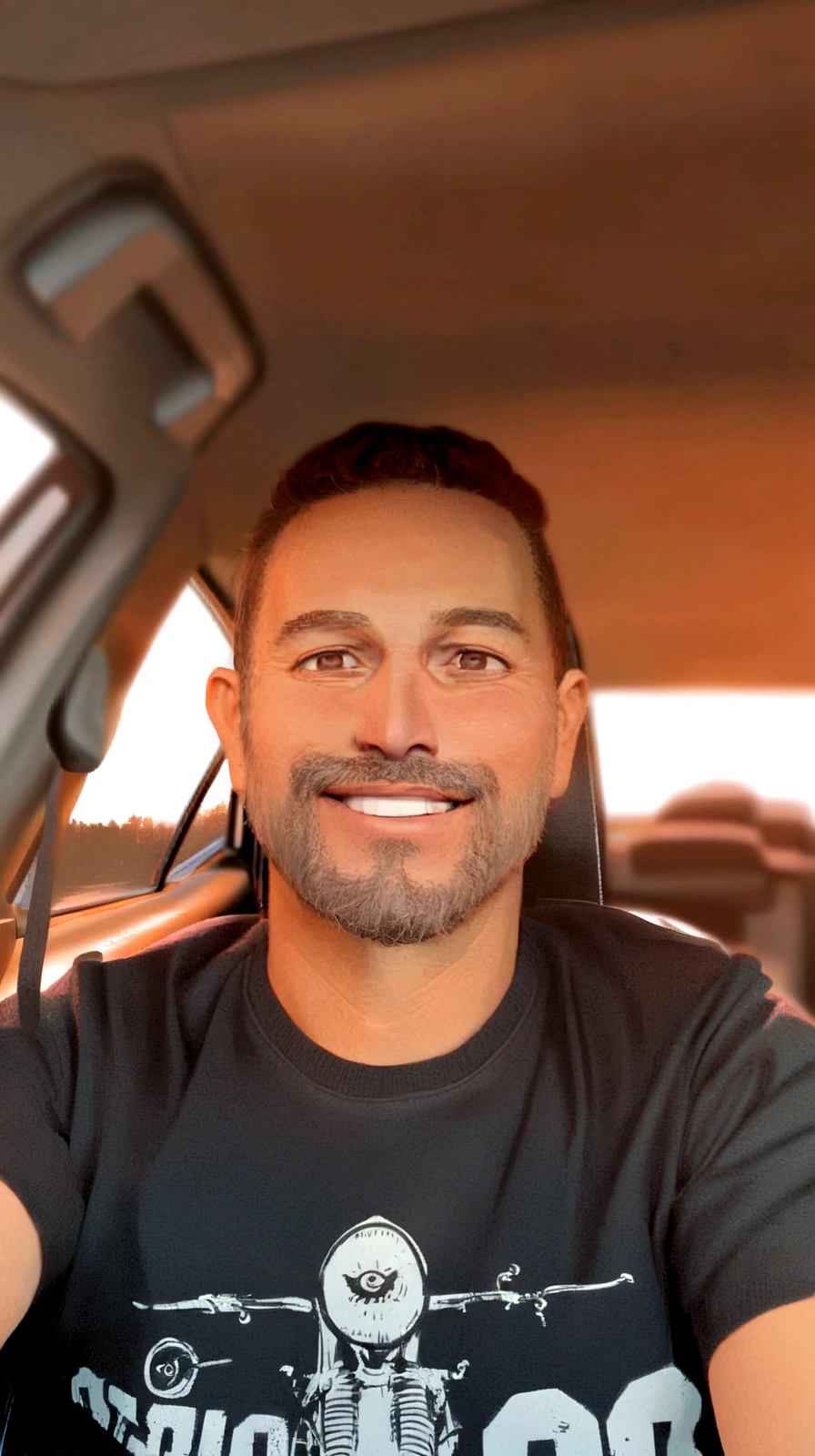 a white man, tall, very short black hair, short beard, brown eyes. is he happy and on a neutral background. pixar style