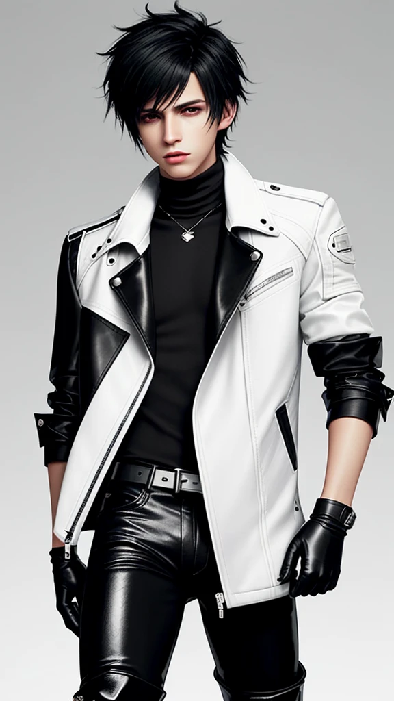 Final fantasy taste and reality graphics, Japanese young cute and cool ikemen boy, his age is early 20s, thin eyebrows and beady eyes, he wearing off white color leather thick material jacket, jacket is singlebrest, biker style jacket, with epaulet, jacket is long sleeve, must close the front of the leather jacket, , jacket is voluminous, ,must jacket is high length and stand-up collar with two belts, jacket must zip up leather jacket, jacket is a little black color line pattern,close the front of the jacket, also wearing black thick material turtleneck lackluster shirts, tight black leather pants, shiny black leather tight and thin glove, black leather knee-high raceup boots,must views head-to-toe,must views whole body, boy looks like fashion model,Do not show skin from the neck down,leather jacket leather glove and leather pants have few wrinkles,boy in the room,Avoid showing your innerwear
