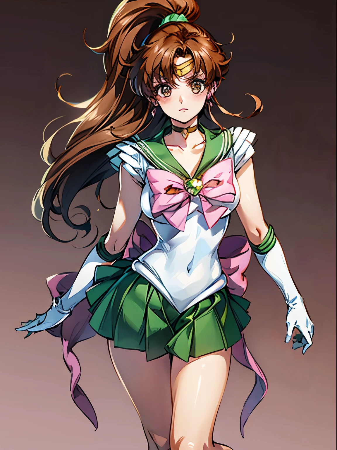 sailor jupiter, 1 girl, brown hair, long hair, brown eyes, detailed eyes, simple background, female focus, alone, Standing, Makoto Kino, portrait, full body, (Masterpiece:1.0), (best quality:1.0) , (wallpaper 8k:1.0), (detailed beautiful face:1.0), (detailed deep eyes), deep eyes, looking at viewer, sailor scout, pink bow on chest, green skirt, white gloves,