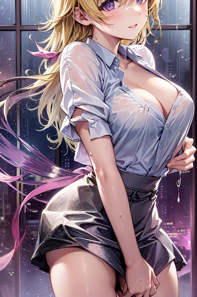 (garden),rain,Wet body, Sexy wet girl,濡れたRound face,so beautiful. Wet medium breasts,(The wet pure white shirt is visible through), wet skin wet hair,She is wearing a lace bra under her shirt,Long skirt,close,(Wet Blonde,),Round face,A charming girl with a natural smile and a charming expression,Clear Skin,(8K quality,Tabletop,Highest quality,Ultra-high resolution output images,),(Highly detailed raw photos:1.3),(Picture Mode Ultra HD),