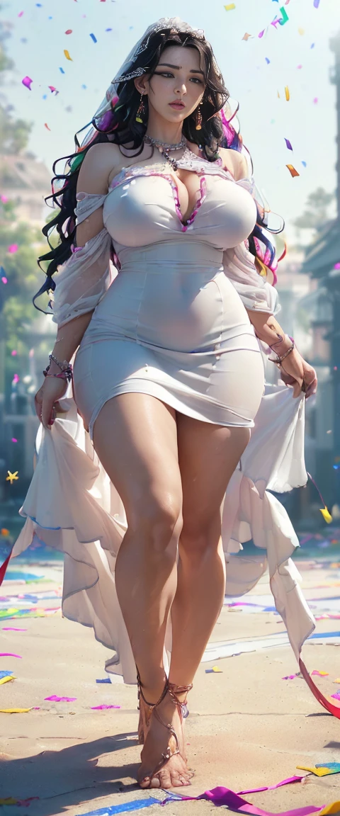 ((best quality, masterpiece, Best image quality, 8K)), ((Young woman in bright pink suit:1.5)), walking on a bright street, ((Her bright long hair is tied back, big earrings, white handbag, white pump:1.2)), ((married woman, mature woman, mature, Jaw-dropping beauty, perfect proportions, beautiful body, detailed skin, detailed eyes, slim body beauty:1.4, realistic medium breasts:1.5)), cowboy shot, (best ratio: 4 fingers, 1 thumb), ((tilt your head, View from the front:1.2)), (Smile shyly:1.1), ((Best image quality、masterpiece、best quality、8K))、((black wavy hair braided back、wearing a white dress、bare foot、tied with thick chains、Beautiful woman walking on the runway:1.5))、 ((married woman、mature、Huge Amazing Goddess Shot、very hot and sexy、powerful and huge、jaw-dropping beauty、perfect proportions、beautiful body、The beauty of a slender body:1.4))、((Lots of colorful confetti、Multicolored confetti falls like snowflakes:1.5))、Soft, natural light and shadows、