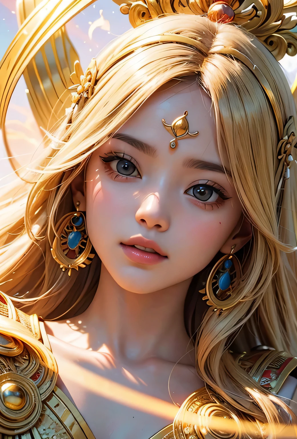 "Child of the Sun, Goddess of Love": Within a sacred sanctuary bathed in sunlight, depict the figure of a sun goddess who governs love, facing forward and emanating divine radiance. She is a , around 3 years old. Zoom in to focus on her face, with a gleaming orb of light in her hands, representing the life-giving power of the sun. Her hair is shimmering gold, and she is wearing a traditional miko outfit as seen in Japanese shrines. The background should be predominantly gold, evoking a sense of divine splendor, with numerous heart-themed objects expressing the beauty of love. The setting is in heaven, enveloped in soft, bright light, where one can find tranquility and peace of mind, free from any trace of anxiety.Straight-on.