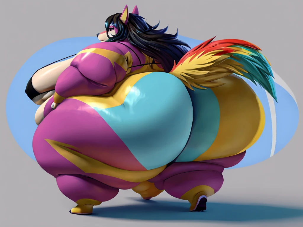 Wolf, female, long hair, huge breasts, huge hips, huge thighs, plump, voluptuous,, gorgeous, beautiful, eyelashes,huge ass,fat arms, fat legs, hands on ass,messy hair, colourful fur, walking,back view, obese, walking, wobbling ass, black nipples ,claws, partially clothed,bikini,direct back view, simple background ,colorful body, walking , colorful body, colorful body 