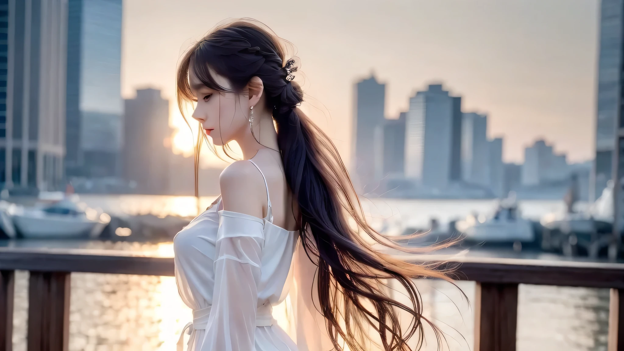 {{{ultra detail}}}, {{{realistic}}}, {{{depth of field}}}, whole body, from the side, head tilt, incredibly detailed, longuette, 1 woman, 30 years old, very long hair, Curly hair, high ponytail, light brown hair, beautiful and delicate hair, perfect face, Delicate arms and hands, slim legs, White skin, piercing, oversized clothes, big top sleeves, black pants, open clothes, cityscape, delicate background, blurred background, Very delicate and beautiful., {{{wallpaper 8k CG}}}, {{{best quality}}}, {{{the greatest masterpiece}}},