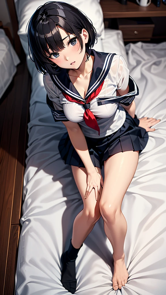 Black socks,Black Hair,Sailor suit,Short Hair,See-through,,Off the shoulder,Cleavage,From below,On all fours:1.5,,hotel room with bed,:1.5. Tokyo night view,Open your legs as wide as you can,M-shaped legs,orgasm