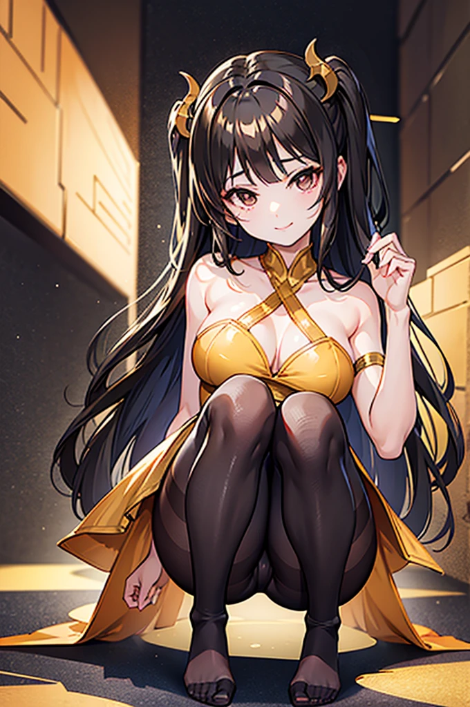 Highest quality Highest quality Draw a face carefully High-definition anime-style face Super Glowing Skin Long black hair Brown leotard Golden pantyhose Succubus lure smile squat Show the soles of your feet Close up of the soles of the feet
