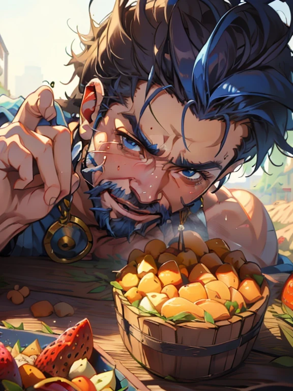 (Best Quality, 4k, 8k, high resolution, Masterpiece: 1.2), ultra detailed, Male portrait, medium closeup, very detailed face, detailed facial features, muscular build, spectacular lighting, close-up, from above, anatomically correct, super detail, only, 1 male, full blue beard and short blue hair, lying down, fruits background, smile, winking an eye.