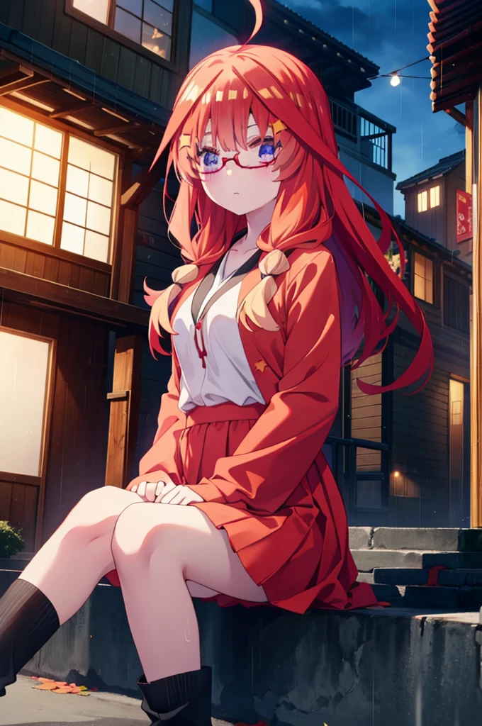 itsukinakano, itsuki nakano, bangs, blue eyes, Hair between the eyes, Ahoge, Redhead, star \(symbol\), hair ornaments, star hair ornaments,Long braids,Baseball hats,Red-rimmed glasses,Oversized red hoodie and long skirt,Black pantyhose,short boots,Hiding in a roofed building,Sitting on the steps of a roofed building,rain,night,whole bodyがイラストに入るように,
break outdoors, Alley,
break looking at viewer, whole body,
break (masterpiece:1.2), Highest quality, High resolution, unity 8k wallpaper, (figure:0.8), (Beautiful attention to detail:1.6), Highly detailed face, Perfect lighting, Highly detailed CG, (Perfect hands, Perfect Anatomy),