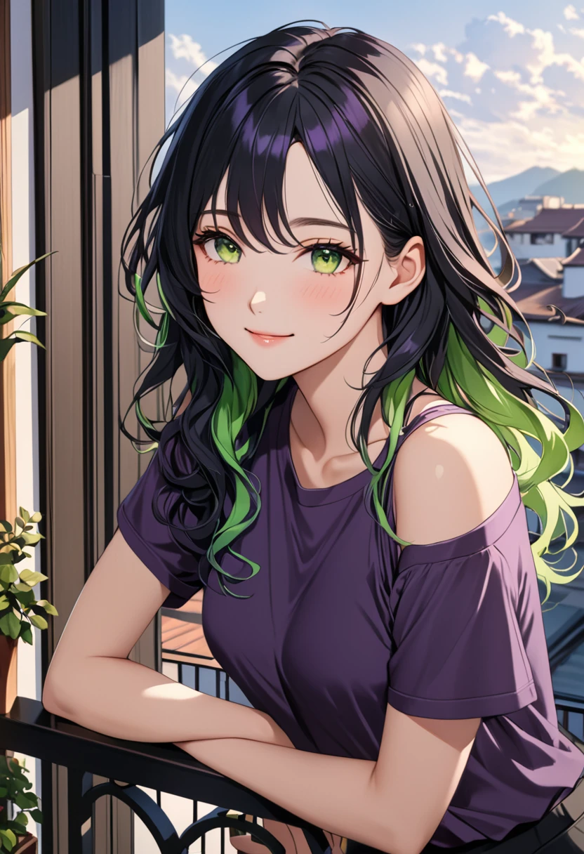 solo, 1, tall, adult, (long wavy hair (black hair with green highlight hair:1.1)), beautiful face, (close mouth:1.2), smiling softly, small sized breast flat, (dark purple short sleeved shirts:1.3), black loose pants, balcony, looking at you, masterpiece, 8k