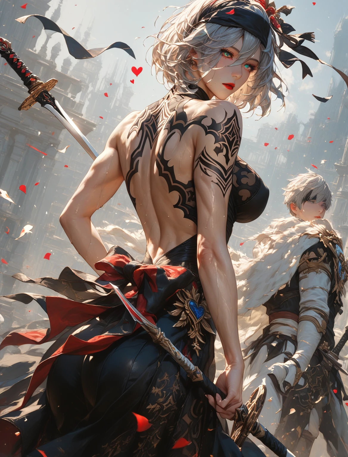 score_9, score_8_up, score_7_up, score_6_up, uncensored, 2b, nier automata, silver hair, short hair, blindfold, sweating, BREAK (masterpiece:1.2), best quality, high resolution, (detailed eyes:1.3), perfect lighting, (perfect hands, perfect anatomy), hearts, pleasured, (large breasts), rating:safe, 1girl, solo, bow_(weapon), muscle, weapon, back, breasts, tattoo, muscular_female, from_behind, looking_back, quiver, expressionless, red lips,