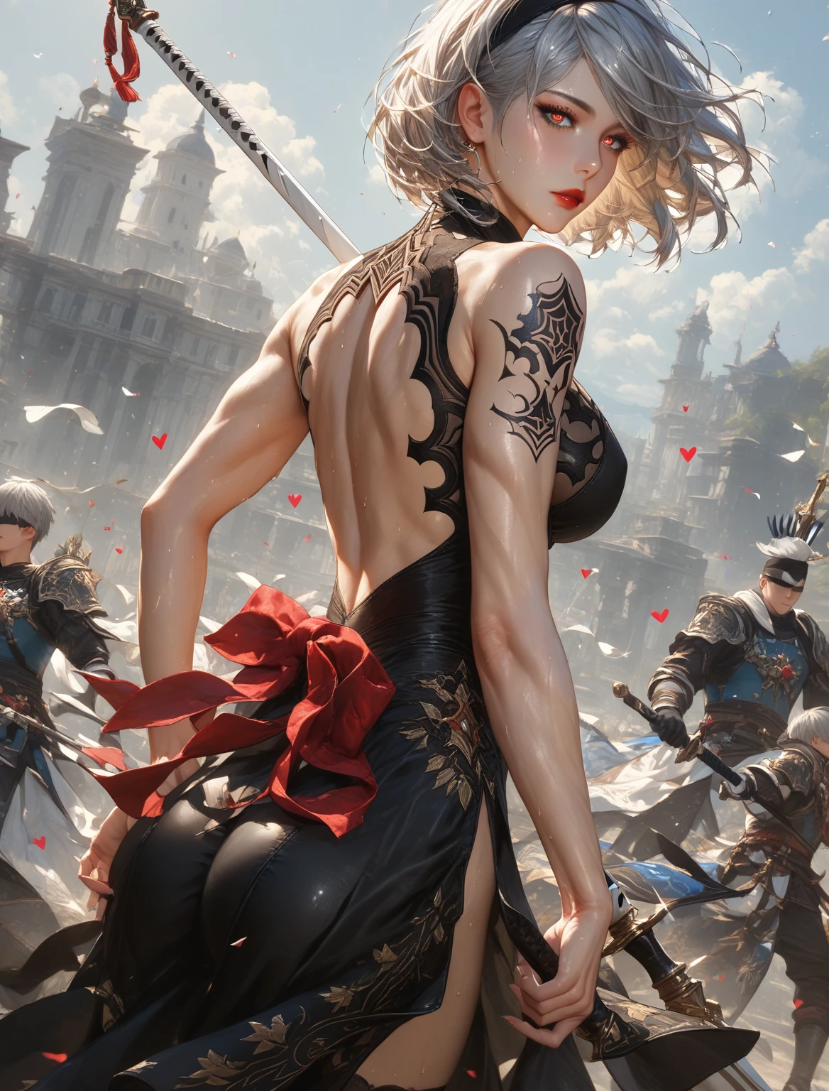 score_9, score_8_up, score_7_up, score_6_up, uncensored, 2b, nier automata, silver hair, short hair, blindfold, sweating, BREAK (masterpiece:1.2), best quality, high resolution, (detailed eyes:1.3), perfect lighting, (perfect hands, perfect anatomy), hearts, pleasured, (large breasts), rating:safe, 1girl, solo, bow_(weapon), muscle, weapon, back, breasts, tattoo, muscular_female, from_behind, looking_back, quiver, expressionless, red lips,