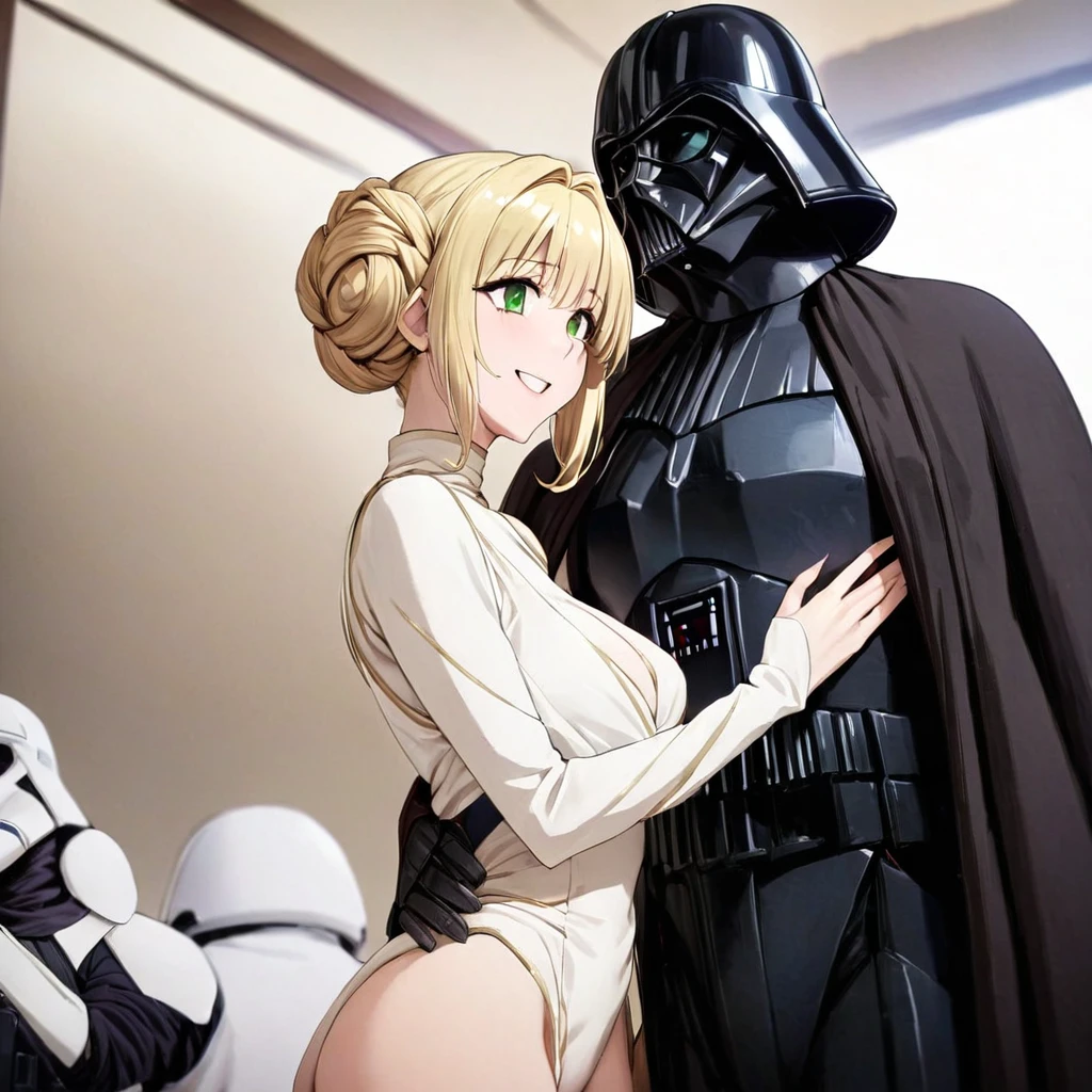 ((Highest quality)), ((masterpiece)), (detailed), (Perfect Face)、The woman is a Stormtrooper named Tiare, with green eyes, blonde medium-length hair, a Princess Leia hairstyle, a black Princess Leia costume, and a gorgeous black cloak.、The woman is standing next to Darth Vader and smiling sweetly at him.