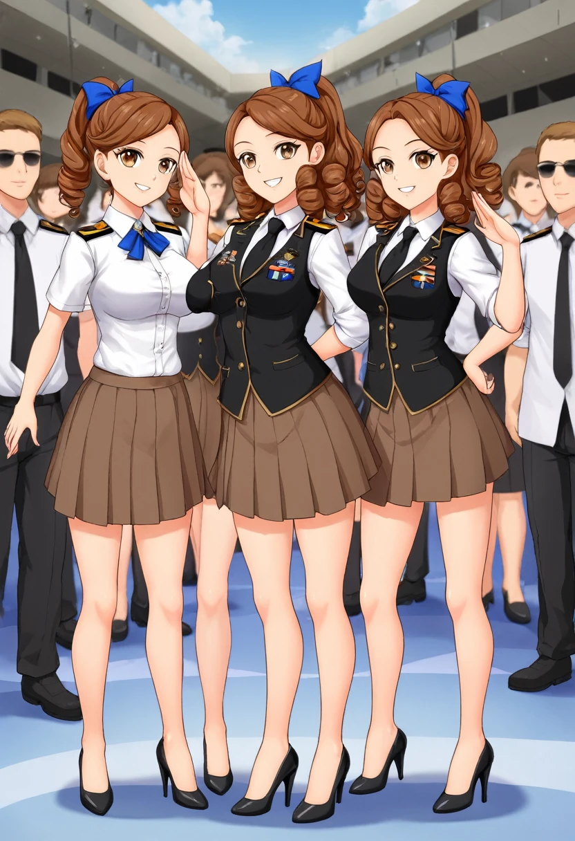masterpiece, Highest quality, High resolution, 10+girl, crowd, Identical twin sisters, clone, An orderly line of sisters, An orderly line of sisters, Sisters in a row, uniform, Matching outfits, Long Hair, Curly Hair, ponytail, Matching hairstyle, Hazel Eyes, Brown Hair, Black tie, Blue Ribbon, Brown Skirt, salute, smile, indoor, Group shot, whole body, Panty shot, Black high heels