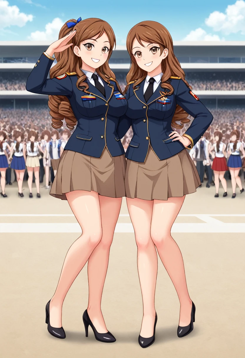 masterpiece, Highest quality, High resolution, 10+girl, crowd, Identical twin sisters, clone, An orderly line of sisters, An orderly line of sisters, Sisters in a row, uniform, Matching outfits, Long Hair, Curly Hair, ponytail, Matching hairstyle, Hazel Eyes, Brown Hair, Black tie, Blue Ribbon, Brown Skirt, salute, smile, indoor, Group shot, whole body, Panty shot, Black high heels