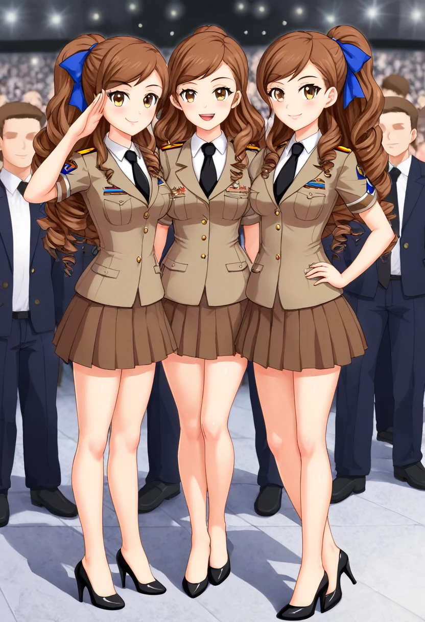 masterpiece, Highest quality, High resolution, 10+girl, crowd, Identical twin sisters, clone, An orderly line of sisters, An orderly line of sisters, Sisters in a row, uniform, Matching outfits, Long Hair, Curly Hair, ponytail, Matching hairstyle, Hazel Eyes, Brown Hair, Black tie, Blue Ribbon, Brown Skirt, salute, smile, indoor, Group shot, whole body, Panty shot, Black high heels