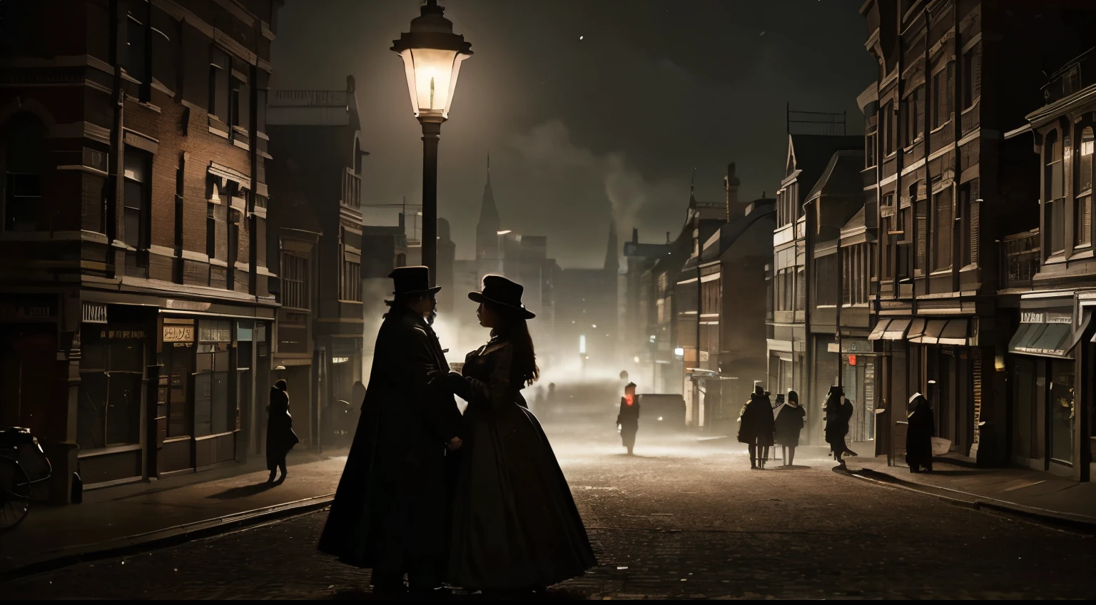 (located dramatically on victorian era in london, year 1840) slum night at downtown street alley with dramatic pole lamp light source) victorian building & street accurate with element detail with rustic realistic background, evening moody scene after rain, shade, shadow, cinematic, detail environtment scenery, 2 lovers are hugging, wearing wet victorian era clothes, shades backlight, desaturate mood & tone, ultra HD, taken with Fujifilm XF 56mm f/1.2 R Lens. long exposure, HDR10 8K