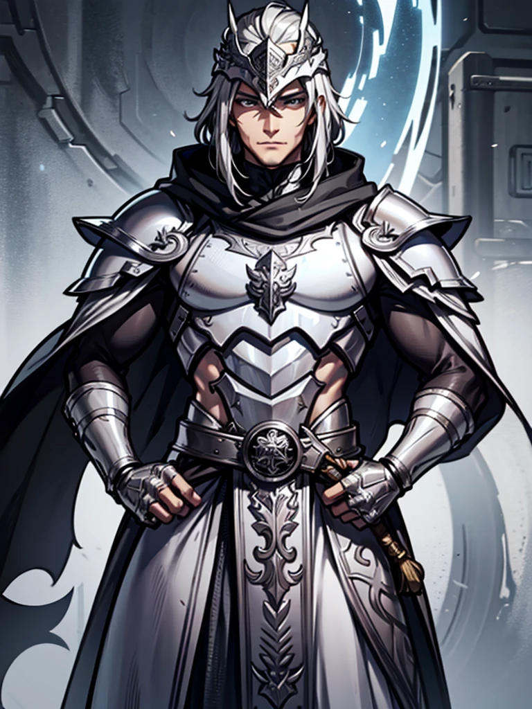 Male Warrior,Silver Armor,Silver hair,Silver Dragon Helmet,cloak,Standing,Handsome,HD