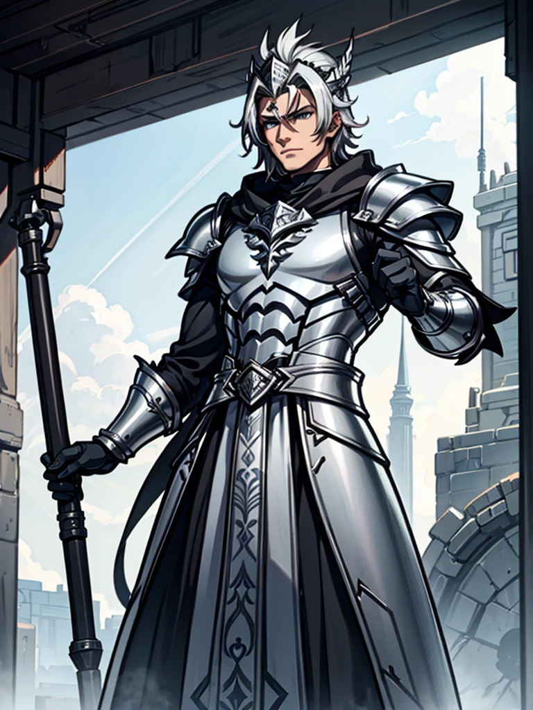 Male Warrior,Silver Armor,Silver hair,Silver Dragon Helmet,cloak,Standing,Handsome,HD
