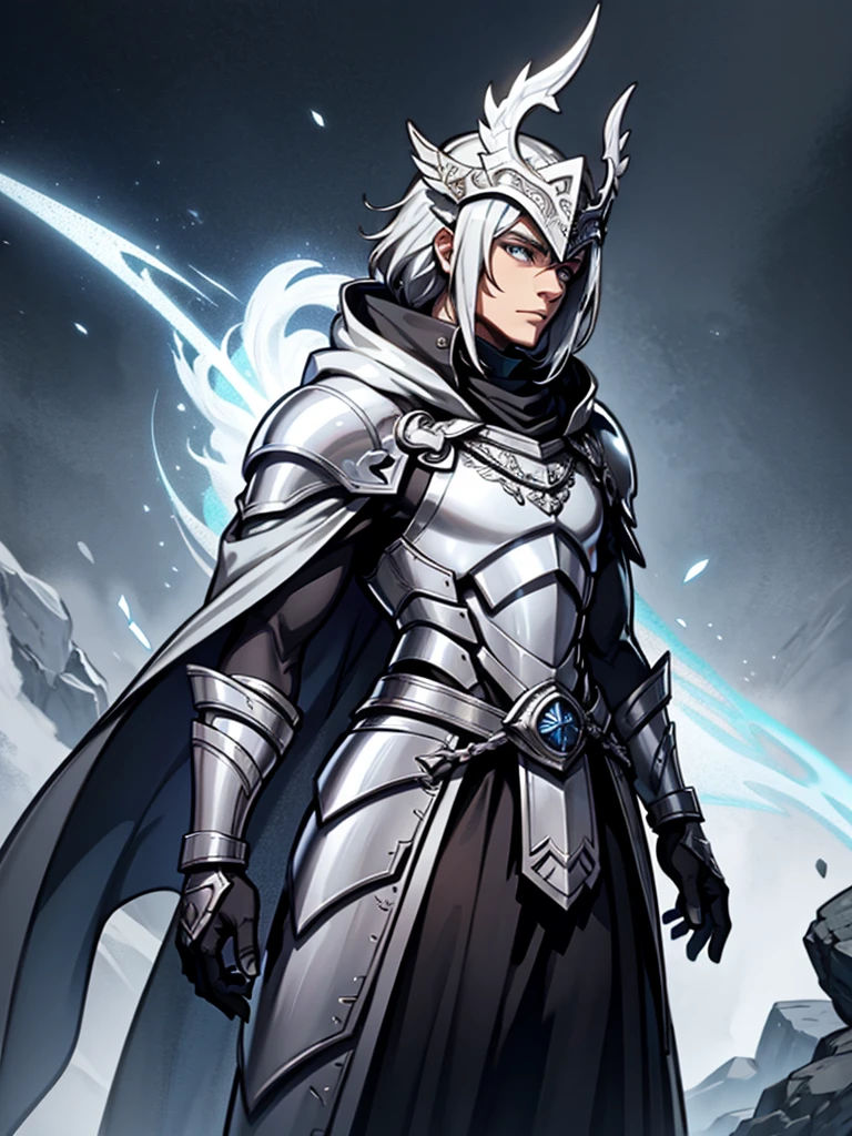 Male Warrior,Silver Armor,Silver hair,Silver Dragon Helmet,cloak,Standing,Handsome,HD