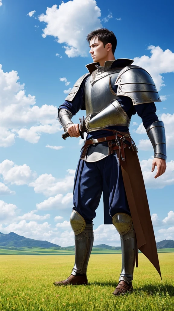 high resolution、8K、Vast grassland、Blue sky、One man、Gazing into the distance、Wearing medieval armor and holding a sword、back pose、((Realistic))、Elaborate、