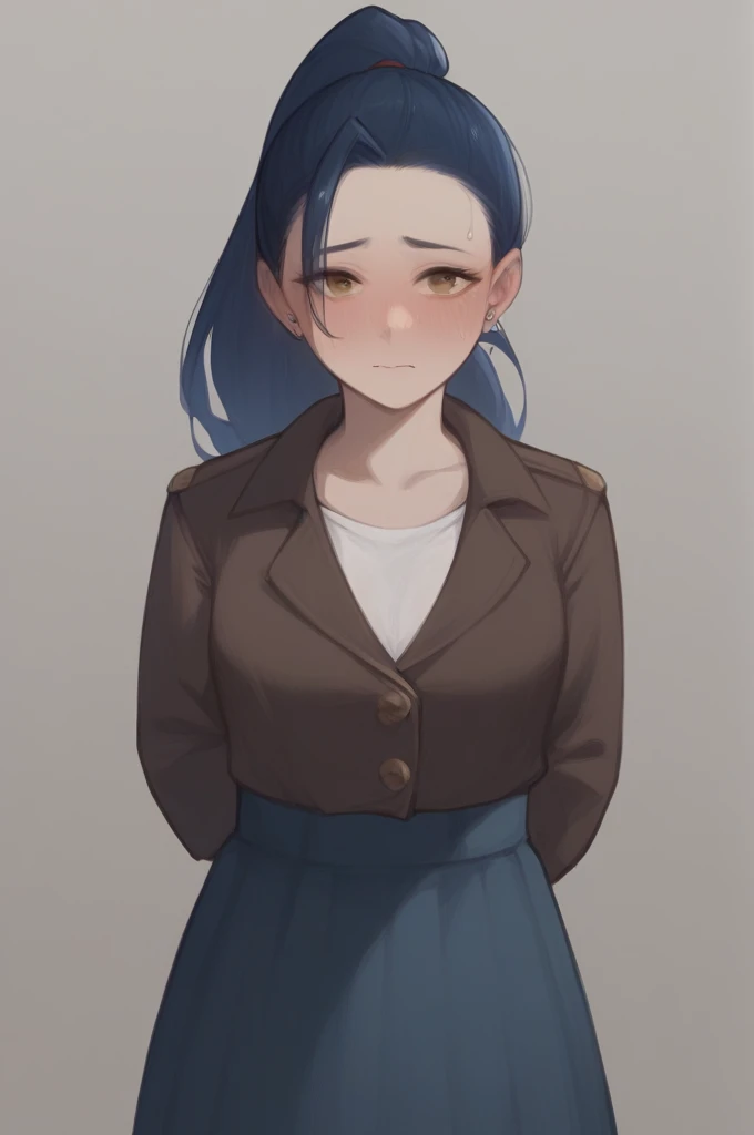 1girl, solo, Laura S. Arseid (long dark blue hair, ponytail and side Bang, small boobs), (inspired by trails of cold steel) in a school dress showing off her panties, in a military school, embarrassed