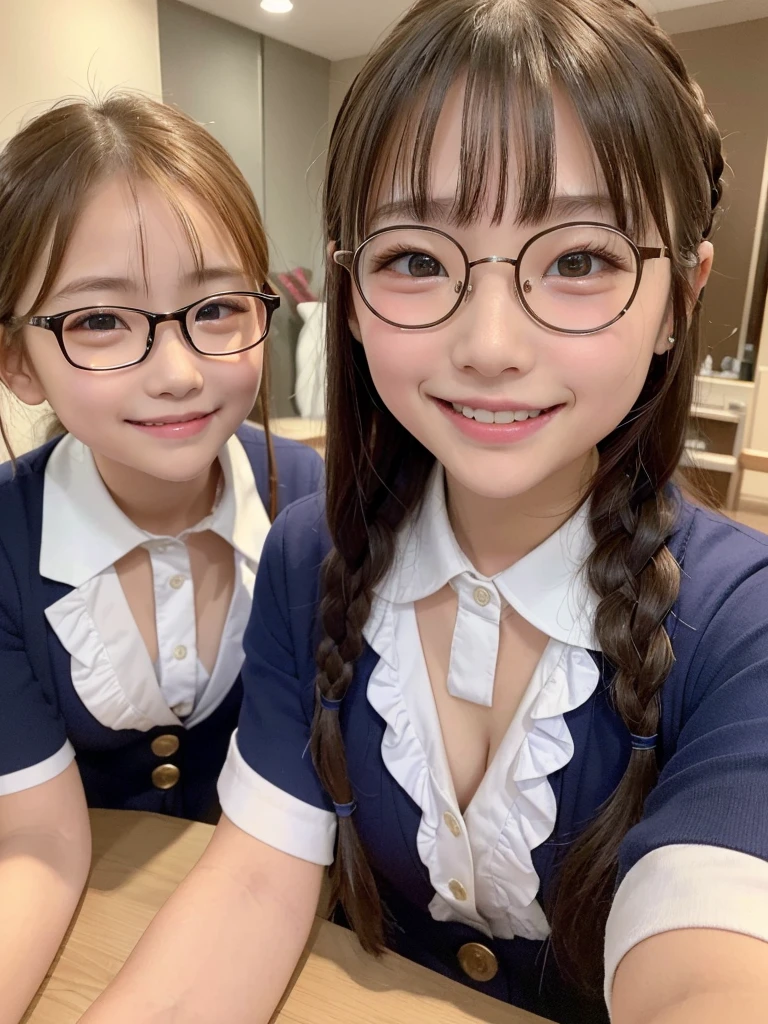 Highest quality、masterpiece、、Very detailed、Realistic、(Two Girls)、(Looking at me with a smile:1.5)、whole body、Small face、(Slender:1.2)、(Big Breasts)、Glasses、(Waitress Uniform)、Braid、Erect nipples、(Anna Miller's uniform:1.2)、apron、(Showing off her panties by holding them with both hands)