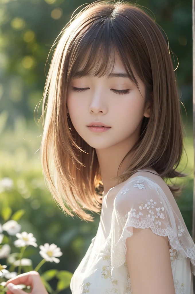 A beautiful Japanese girl is depicted in a vertical, ultra-realistic illustration. She has short, light-colored hair that frames her delicate face, with her eyes closed in a serene expression. She wears a thin, translucent dress with a subtle floral pattern, the fabric gently clinging to her form. The soft lighting highlights her smooth skin and the delicate textures of the dress, creating a dreamy, ethereal atmosphere.

The background is minimalistic and light, emphasizing the girl's calm and peaceful demeanor. The artist employs digital painting techniques to achieve high detail and realism, particularly in the rendering of her hair, skin, and the semi-transparent fabric of the dress. The use of soft gradients and subtle shadows enhances the sense of depth and realism, making the image both captivating and serene.
