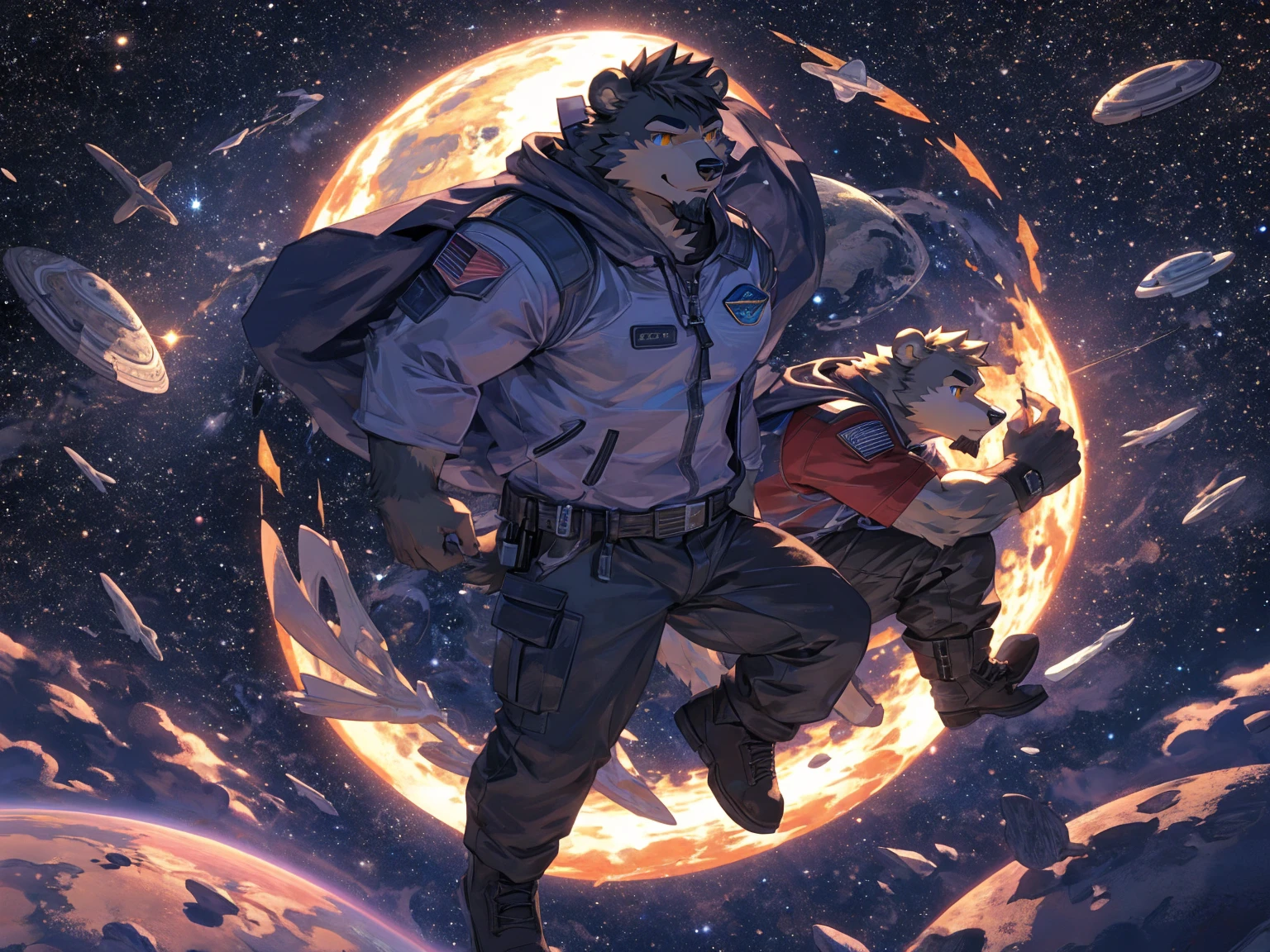 (masterpiece:1.2), best quality,pixiv,official art,perfect anatomy, (Ray tracing, light),solo, (1_male:1.3) , (muscle), (grey fur:1.4), (muscle bear), (beard:1.2), (gleaming golden eyes), bear tail, full body, Thick black eyebrows,(open hooded parka), (naked inside), (cargo pants:1.2), boots , (in the space:1.3) , star , planet , earth , asteroid , (character floating :1.3)
