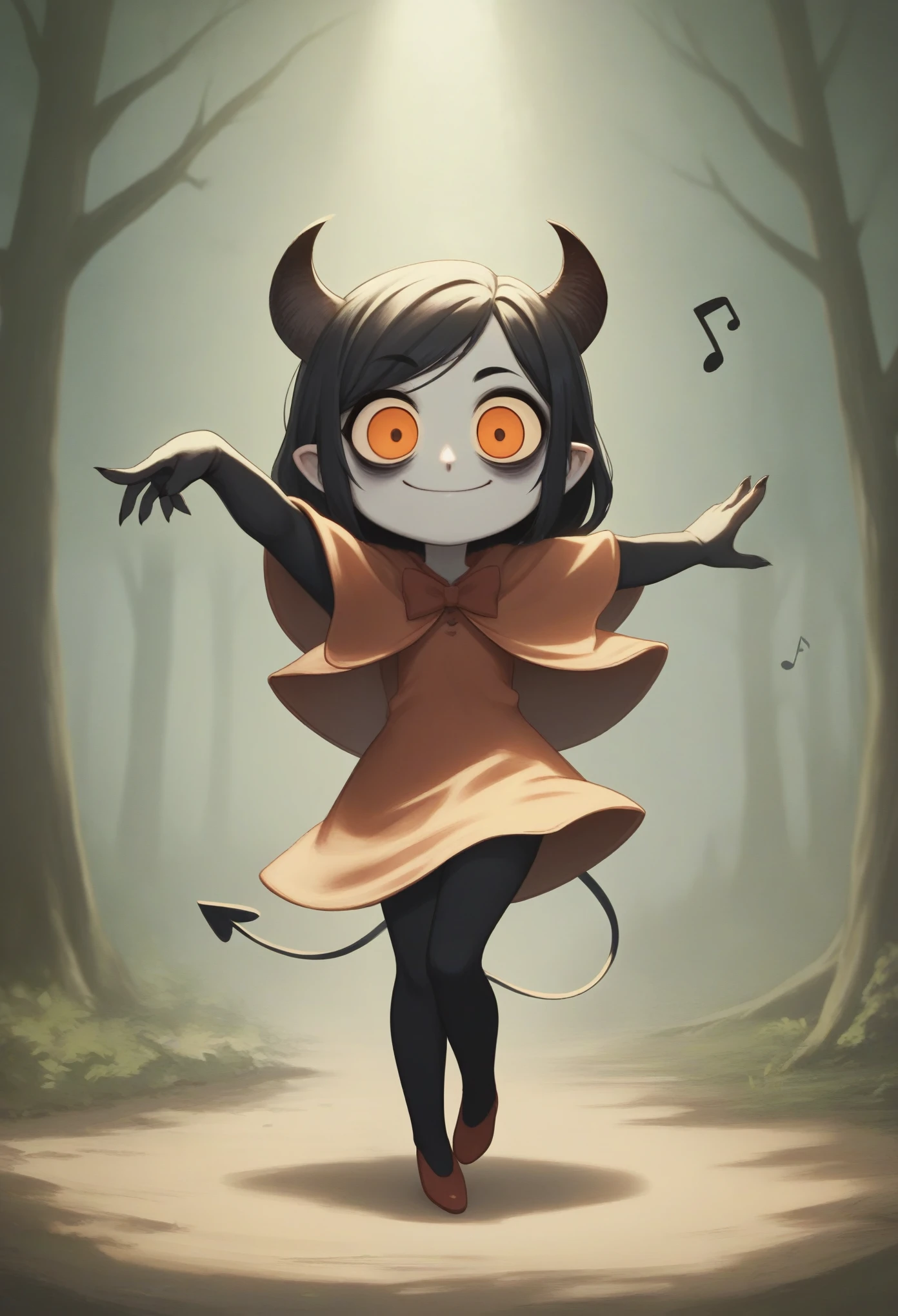 score_9, score_8_up, score_7_up, score_6_up, score_5_up, score_4_up, cute horror fantasy, disney-style horror effects,picture-book style,children-book style, solo,1girl\((devil:1.5),cute,(dancing:1.3),evil smile,pure black skin,bags under eyes,long eyebrow,big eyes,chibi,long nail,orange eyes,hair,looking down,wearing capelet\((very big:1.5),(very long),traditional-patterned\)\),background\(music notes, (dead trees, in the forest)\),long shot,wide shot