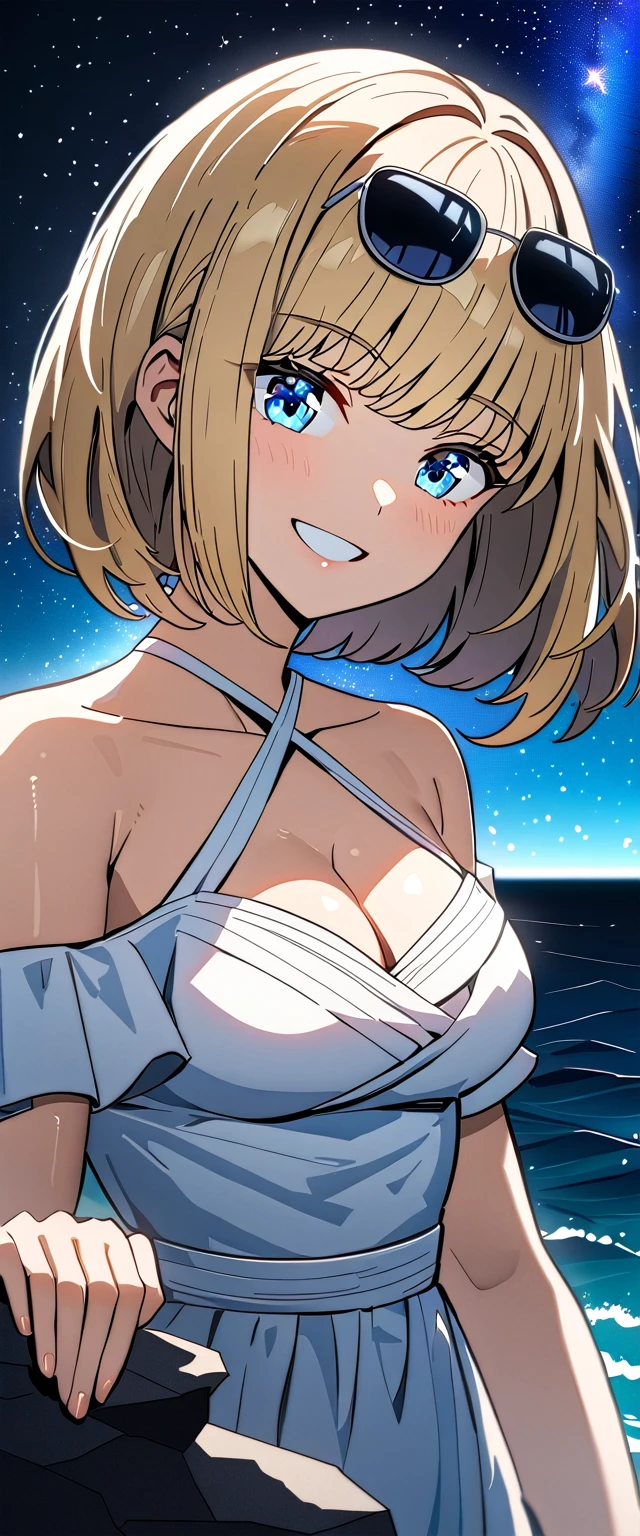 ((grin)), 風が強い, ((off-shoulder dress:1.3, criss-cross halter)), ((white sundress)), ((cleavage)), ((blond hair, bob cut:1.3)), ((sunglasses, hand to sunglasses)), (((from side))), ((((upper body)))), bare legs, (()), (((a beautiful starry sky, the Milky Way shining beautifully in the night))), ((standing on the very high cliff)), wavy hair, inward curled hair, ((sea, nature)), breasts, ager, (looking at viewer), puffy long sleeves, collarbone, head tilt:1.3, (((blue eyes))), happy smile, (((anime style))), (best quality, 4K, 8K, highres, masterpiece:1.2, ultra-detailed, ultra-detailed eyes, HDR, uhd, studio lighting, ultra-fine painting, sharp focus, physically-based rendering, extreme detail description, professional, vivid colors, bokeh)