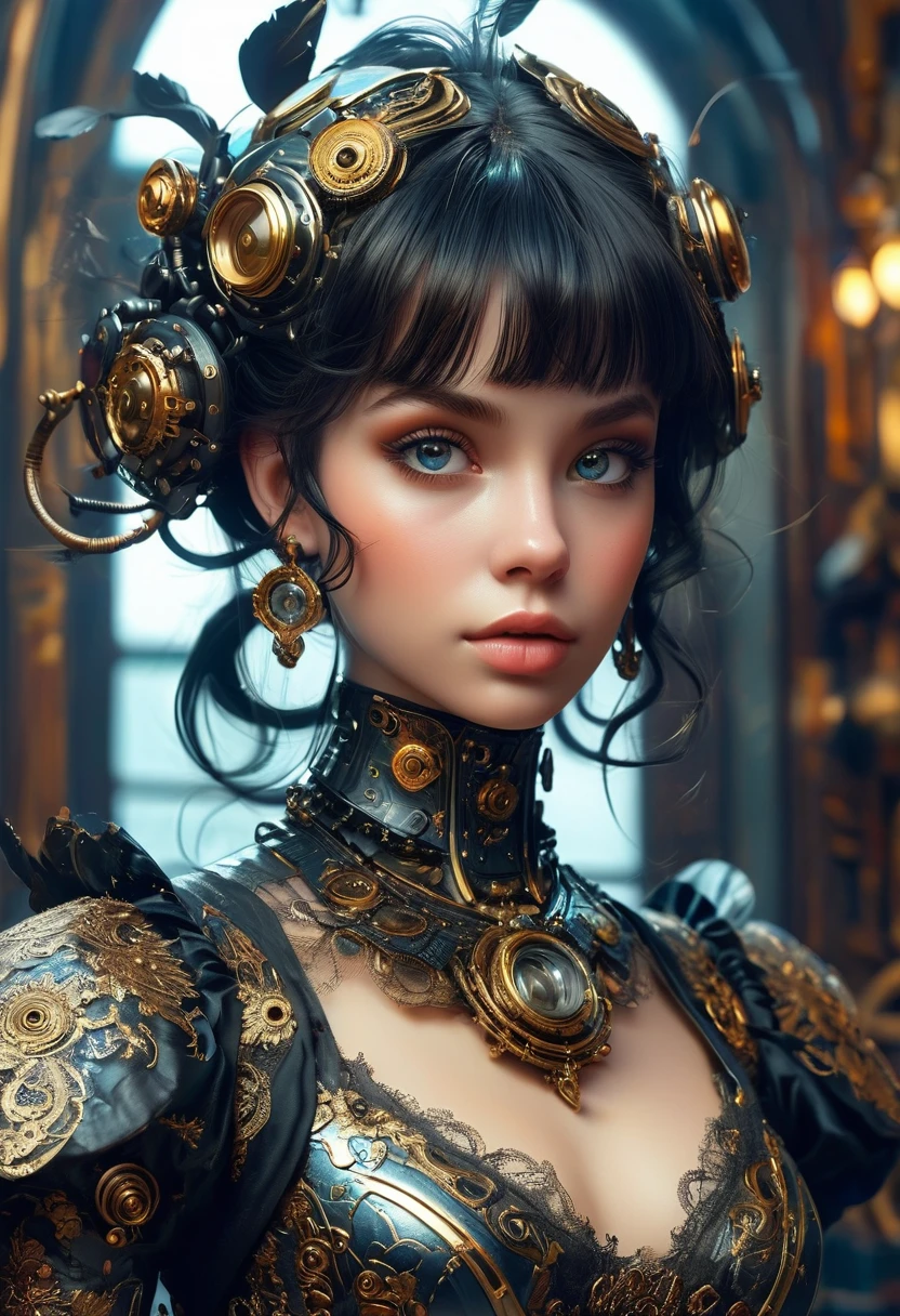 A steam punk style obsidian robot with a human like obsidian face. female figure. Wearing wig of spun obsidian. Ultra HD, Rococo-Inspired Fantasy Art With Intricate Details. (8K High Resolution) (top-quality)