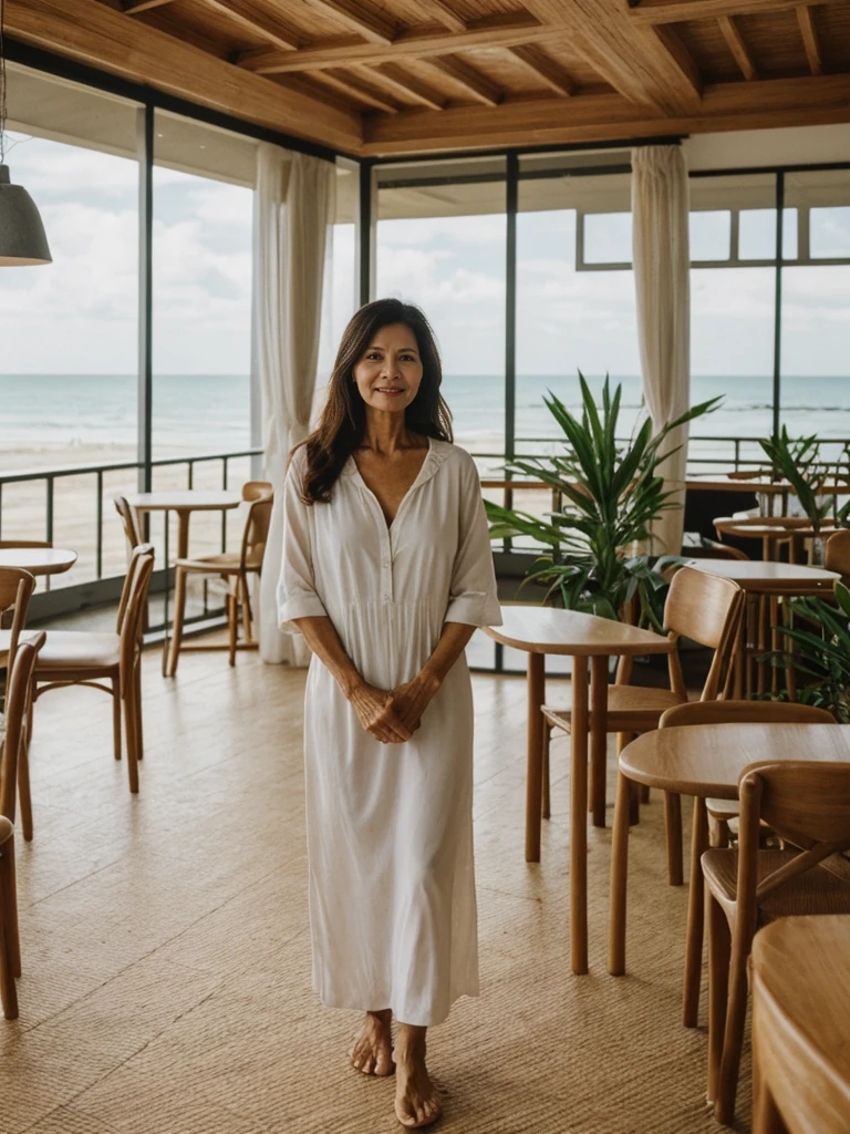 RAW PHOTO, her name is Dolores, high quality, 1 old woman, ((58-year-old slim filipina woman)), (((58 years old))), ((slim body)), ((wrinkled body)), (((old body))), (((long hair))), she is wearing a modest Generation X flowy casual wear, POSE: standing, BREAK, BACKGROUND: indoor, cafe by the beach, film grain, instagram photo