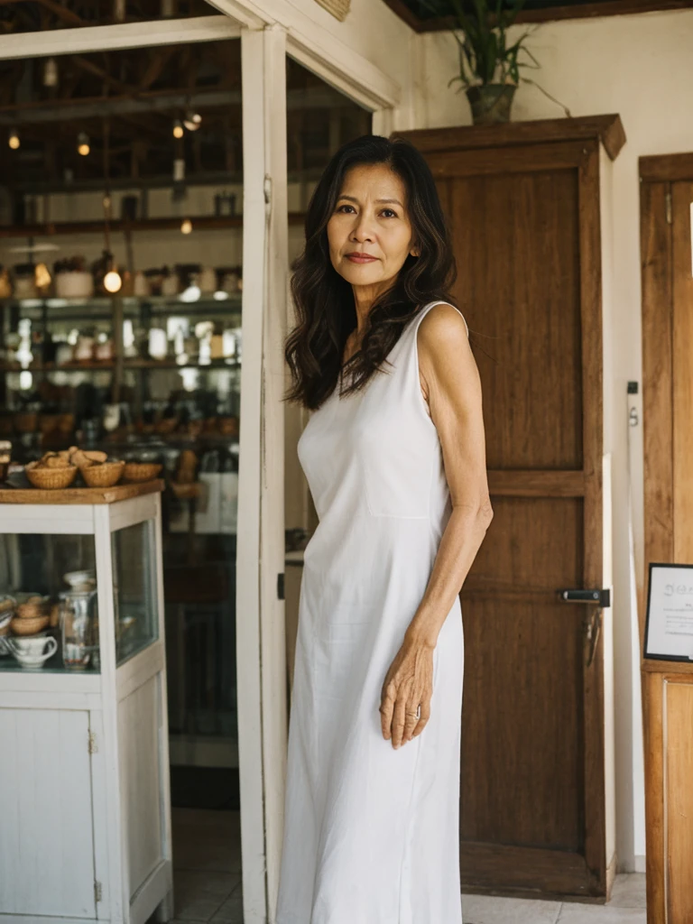 RAW PHOTO, her name is Dolores, high quality, 1 old woman, ((58-year-old slim filipina woman)), (((58 years old))), ((slim body)), ((wrinkled body)), (((old body))), (((long hair))), she is wearing a modest Generation X flowy casual wear, POSE: standing, BREAK, BACKGROUND: indoor, cafe by the beach, film grain, instagram photo