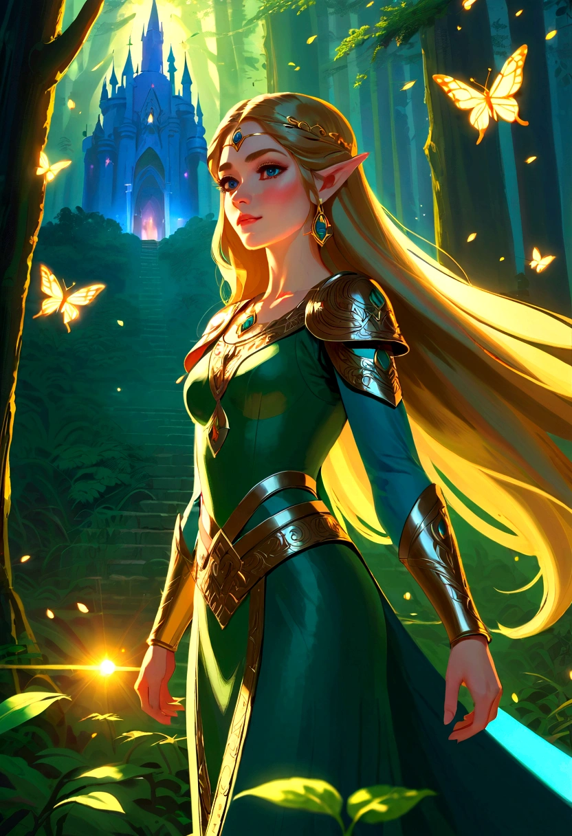 a beautiful princess zelda with long flowing hair, detailed facial features, intricate jewelry, elegant royal dress, standing in a magical forest landscape, with glowing fireflies, golden sunlight, lush greenery, fantasy castle in the background, cinematic lighting, highly detailed, photorealistic, 8k, masterpiece