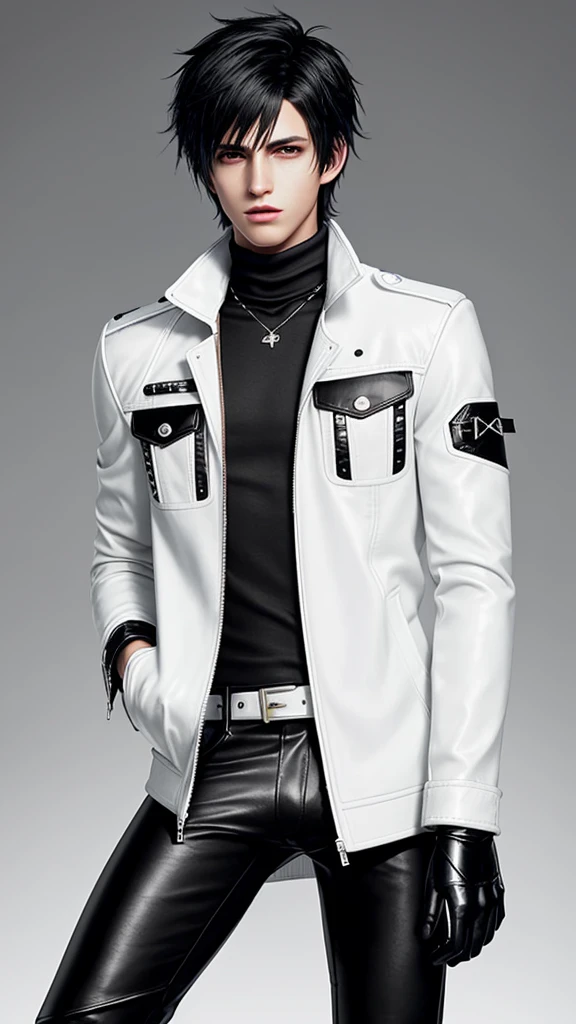 Final fantasy taste and reality graphics, Japanese young cute and cool ikemen  boy, his age is early 20s, thin eyebrows and beady eyes,  he wearing off white color leather  thick material jacket, jacket is singlebrest, biker style jacket, with epaulet, jacket is long sleeve, must close the front of the leather jacket, , jacket is voluminous, ,must jacket is high length and stand-up collar with two belts, jacket must zip up leather jacket, jacket is a little black color line pattern,close the front of the jacket, also wearing black thick material turtleneck lackluster shirts,  tight black leather pants, shiny black leather tight and thin glove, black leather knee-high raceup boots,must views  head-to-toe,must views whole body, boy looks like fashion model,Do not show skin from the neck down,leather jacket leather glove and leather pants have few wrinkles,boy in the room,Avoid showing your innerwear