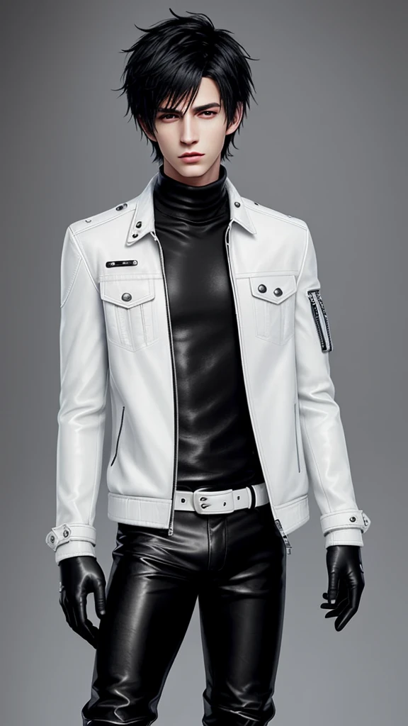 Final fantasy taste and reality graphics, Japanese young cute and cool ikemen boy, his age is early 20s, thin eyebrows and beady eyes, he wearing off white color leather thick material jacket, jacket is singlebrest, biker style jacket, with epaulet, jacket is long sleeve, must close the front of the leather jacket, , jacket is voluminous, ,must jacket is high length and stand-up collar with two belts, jacket must zip up leather jacket, jacket is a little black color line pattern,close the front of the jacket, also wearing black thick material turtleneck lackluster shirts, tight black leather pants, shiny black leather tight and thin glove, black leather knee-high raceup boots,must views head-to-toe,must views whole body, boy looks like fashion model,Do not show skin from the neck down,leather jacket leather glove and leather pants have few wrinkles,boy in the room,Avoid showing your innerwear