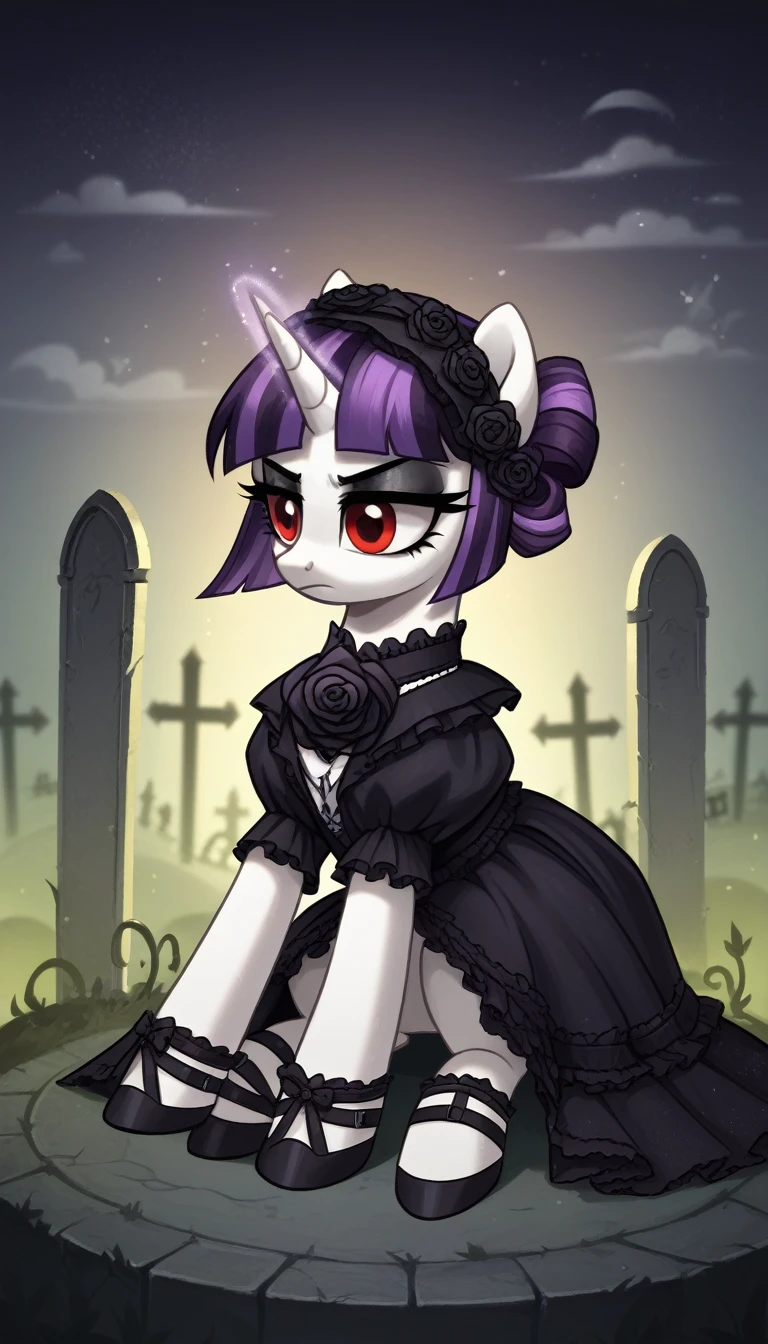 score_9,score_8_up,score_7_up,score_6_up, female, unicorn, white fur, red eyes, black and purple striped hair, Gothic pony, lolita fashion, glowing backlight, fashion show, graveyard, glitter, whimsical, enchanted, magical, fantasy art concept, intricate details, holding a black rose, sitting on the grown, somber fown