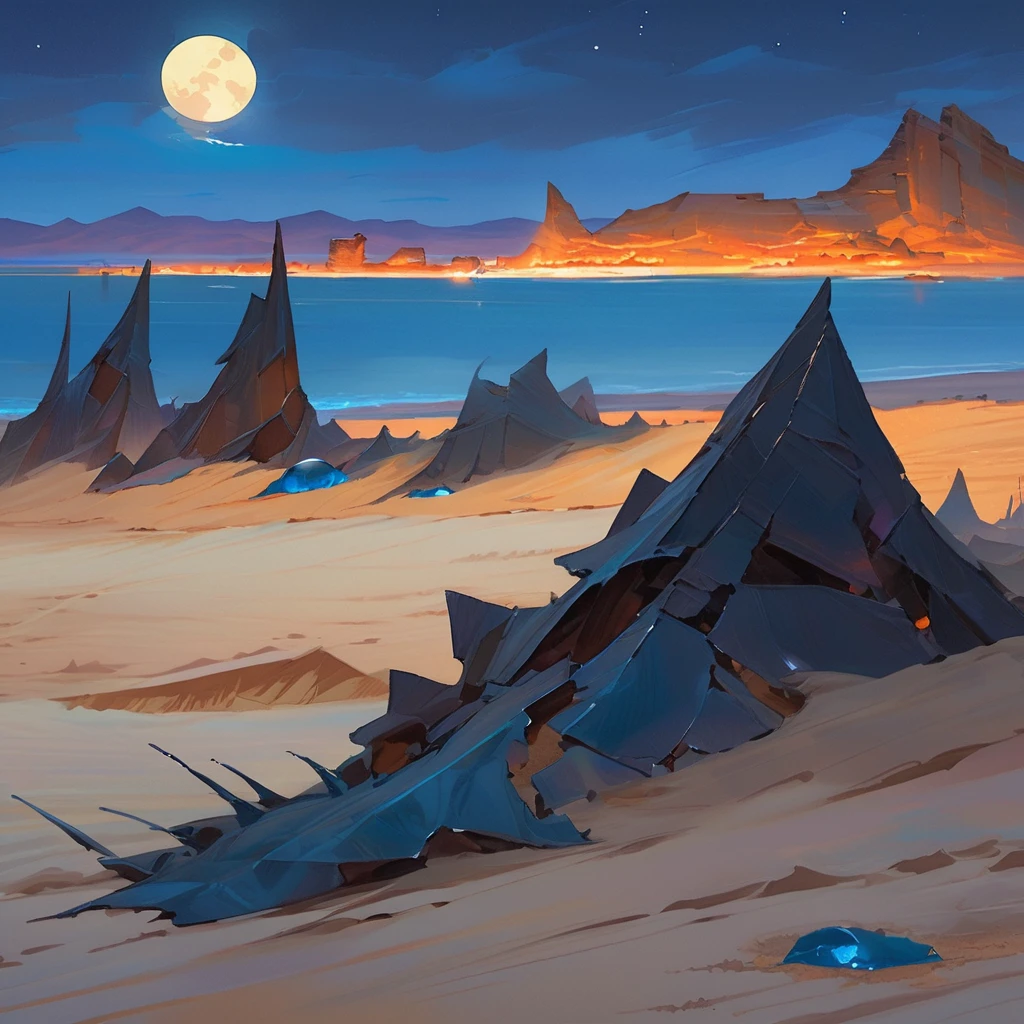 Old West, Desert, horizon, blue Night , from far, Oil paint,(only blue and black color palette), Giant glass shards in sand, spiky glass structures, massive giant worm crawling in the dunes, sand dunes, dune, worm, darkness, Scary, moon