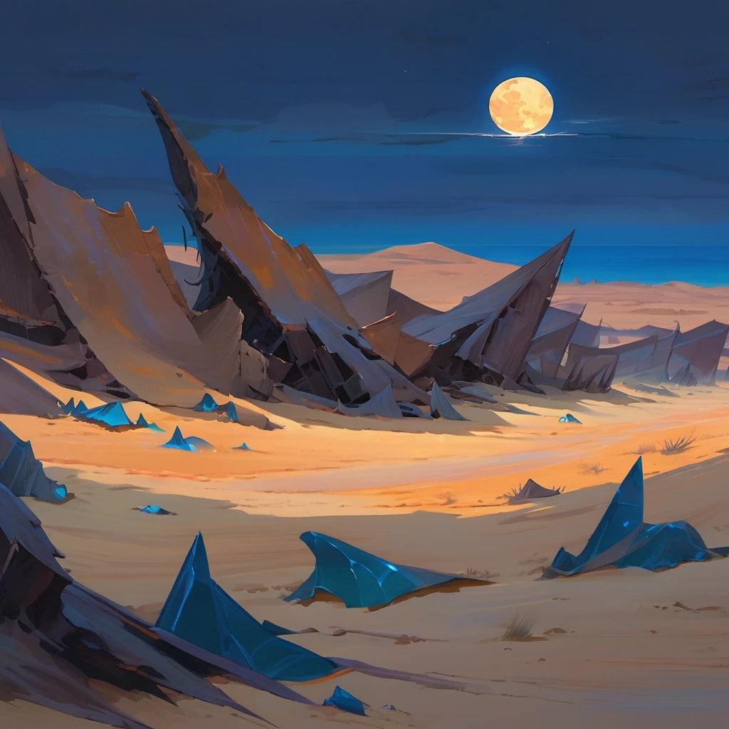 Old West, Desert, horizon, blue Night , from far, Oil paint,(only blue and black color palette), Giant glass shards in sand, spiky glass structures, massive giant worm crawling in the dunes, sand dunes, dune, worm, darkness, Scary, moon