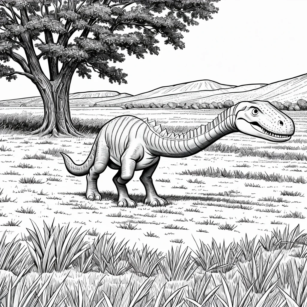 Cartoon, simple drawling,dinosour,animated,white,no color,on a field 