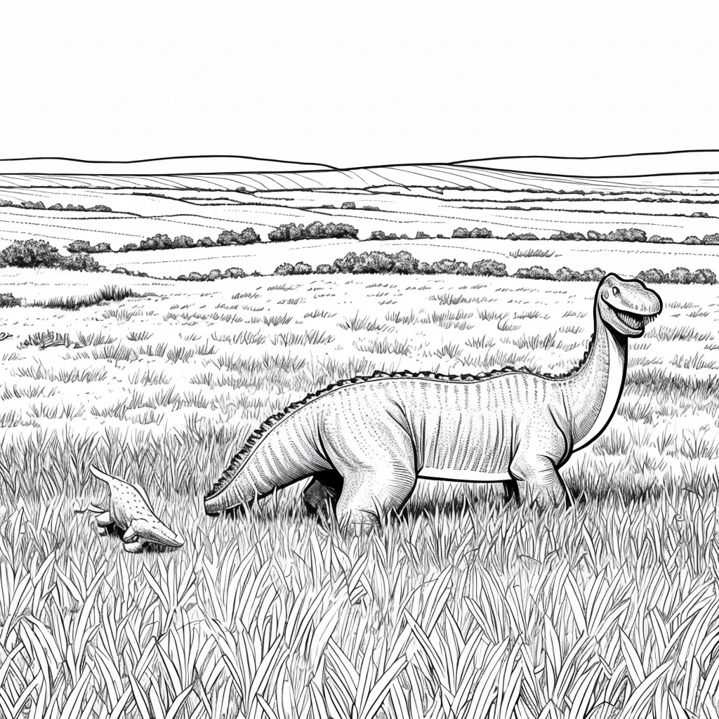 Cartoon, simple drawling,dinosour,animated,white,no color,on a field 