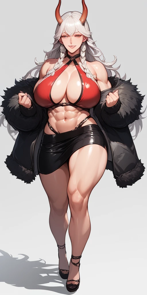 Bridesmaid Muscular White hair White braid Blind Smile Big breasts Maternal Porcelain skin Long hair Navel Abs Direct gaze Oni horns Perfect lighting Masterpiece High quality