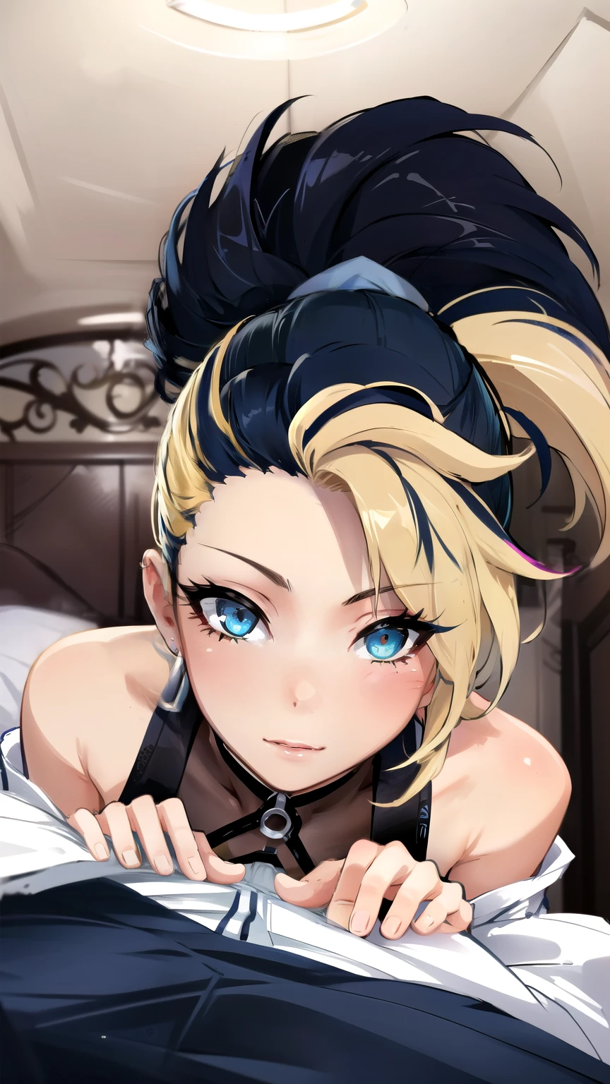 best quality, intricate details,
1girl,       akali, 1girl, black hair, blonde hair, multicolored hair, ponytail, k/da \(league of legends\), girl lying on bed, 1boy, pov, missionary pose, pov grab girl Waist 